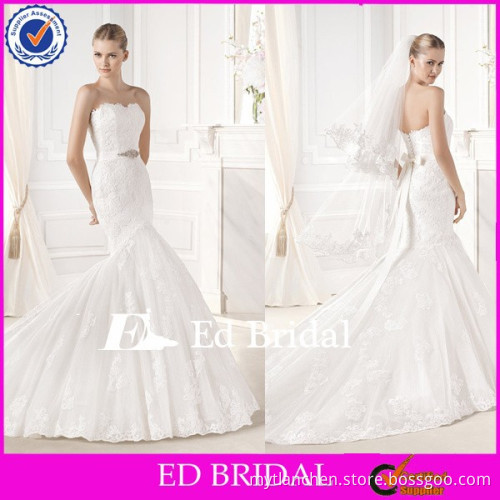 MG262 2015 Gorgeous Appliqued Sweetheart Sleeveless Crystal Sash Low Back Floor Length Sexy Skin Tight Mermaid Wedding Dresses